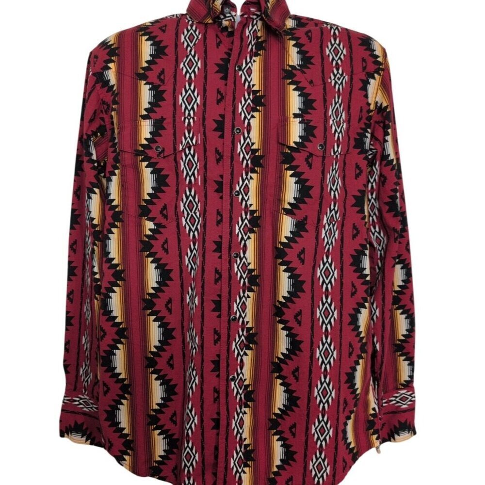Wrangler Western Checotah Shirt Mens Size Medium Red Aztec Geometric Cowboy Rode